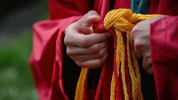 Close-up view of hands tying colorful cords. photo