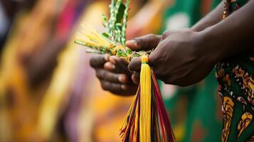 Close-up view of hands holding a colorful ceremonial offering. photo