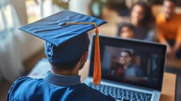 Graduating student participates in virtual graduation ceremony. photo