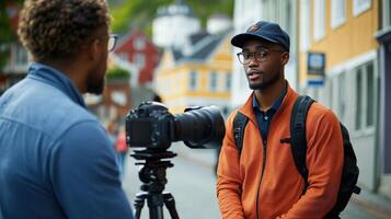 Two men engaging in conversation outdoors with a camera. photo
