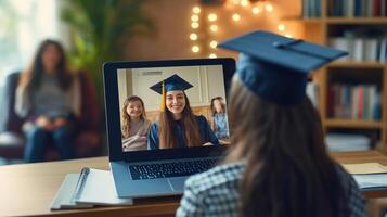 Virtual graduation ceremony viewed on a laptop. photo