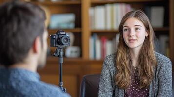 Indoor interview setting with a young woman and a man. photo