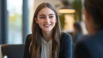 Smiling young woman in conversation at a cafe. photo