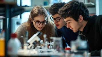 Concentrated students studying a scientific specimen. photo