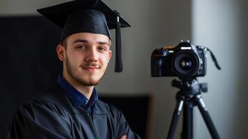 Young graduate with camera and graduation cap. photo