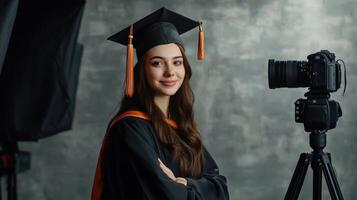 Smiling graduate student poses before a camera. photo