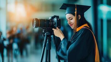 Focused graduate student operating a camera tripod. photo