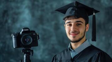 Smiling graduate student with camera and mortarboard. photo
