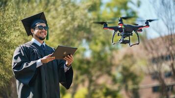 Graduating student controls a drone outdoors. photo