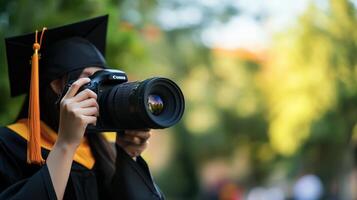Graduating student holding a camera outdoors. photo