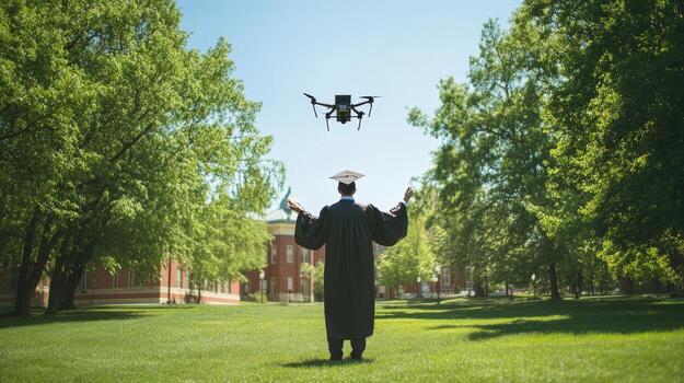 graduarse estudiante con zumbido en un Universidad instalaciones ajuste. foto