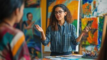 A woman demonstrating color palettes in a vibrant . photo