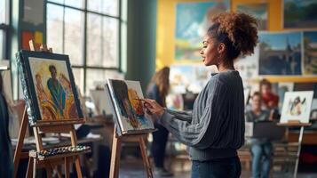 Focused student paints a portrait in a vibrant art . photo