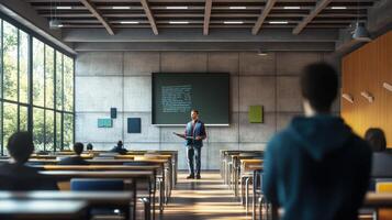 Interior view of a large lecture hall with students. photo