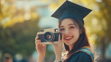 A woman in graduation attire holding a vintage camera outdoors. photo