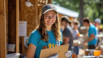 Smiling young woman holding a clipboard outdoors. photo