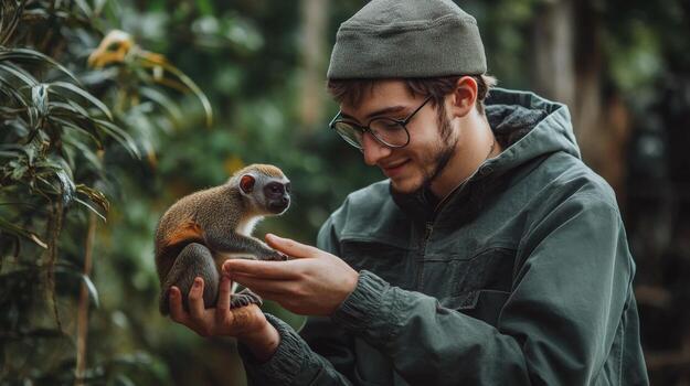 A man in a forest setting interacts with a small monkey. photo