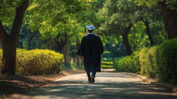 Graduating student walking a park pathway. photo