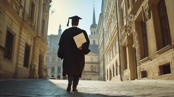 Graduating student walking down a city street. photo