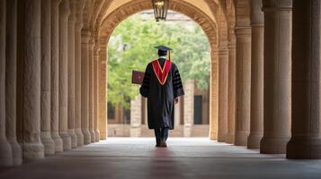 Graduating student walks through an arched colonnade. photo
