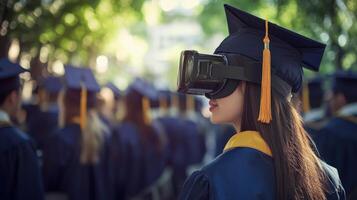 A graduate wearing virtual reality headset at commencement ceremony. photo