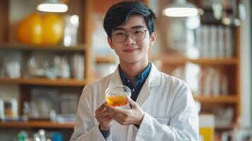 Smiling student scientist holding a clear beverage in a lab setting. photo