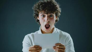 Youthful astonishment over a blank sheet of paper. photo
