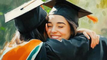Two graduates embracing in celebration of their achievement. photo