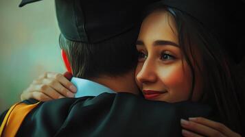 Graduation embrace of two students. photo