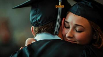 Graduating students embrace in heartfelt moment. photo