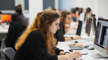 Concentrated young woman working at a computer in a modern design classroom. photo