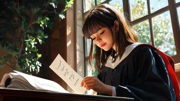 A young woman engrossed in reading at a desk. photo