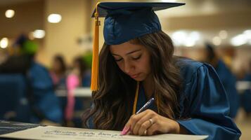A graduating student signing a diploma at a ceremony. photo