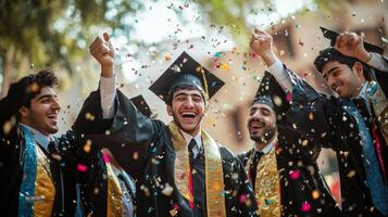 Celebratory graduation day scene of diverse young adults. photo