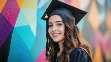 Smiling graduate in academic regalia against vibrant geometric wall art. photo