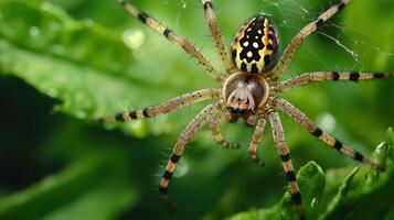 Close-up view of a spider on a green plant. photo
