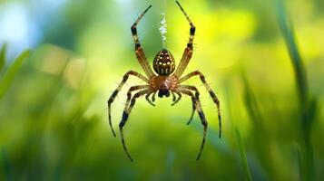 Detailed view of a spider suspended on a silken thread. photo