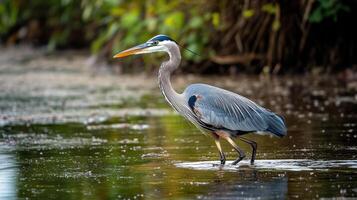 A magnificent heron wading in shallow water. photo