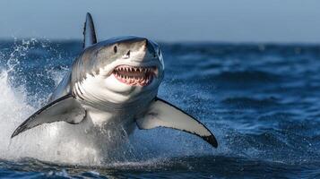 Powerful white shark leaping out of the ocean waves. photo