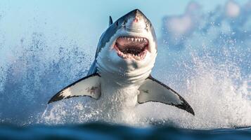 Powerful great white shark leaping out of water. photo