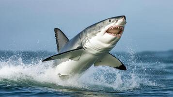 Powerful great white shark leaping out of ocean waves. photo