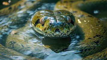 Close-up view of a vibrant green snake's head. photo