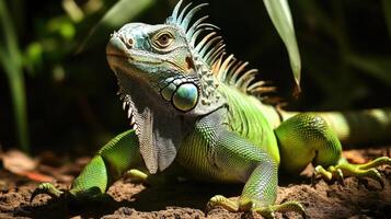 Close-up portrait of a vibrant green iguana. photo