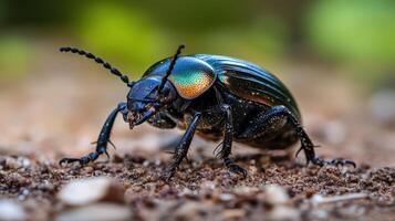 Close-up view of a beetle on the ground. photo