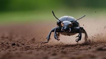 Close-up view of a beetle in fast motion across dirt. photo