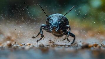 Close-up view of a dark beetle moving across the ground. photo