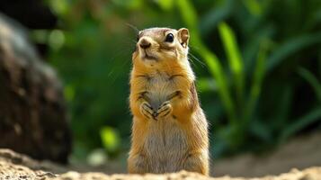 Close-up view of a curious chipmunk standing upright. photo