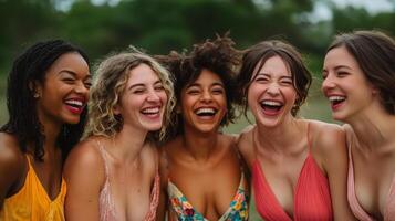 A group of joyful women sharing laughter outdoors. photo