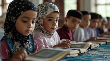 Concentrated young students engrossed in religious texts. photo
