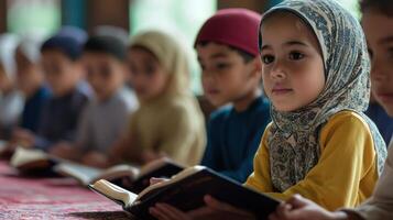 Focused children engaged in focused study session. photo